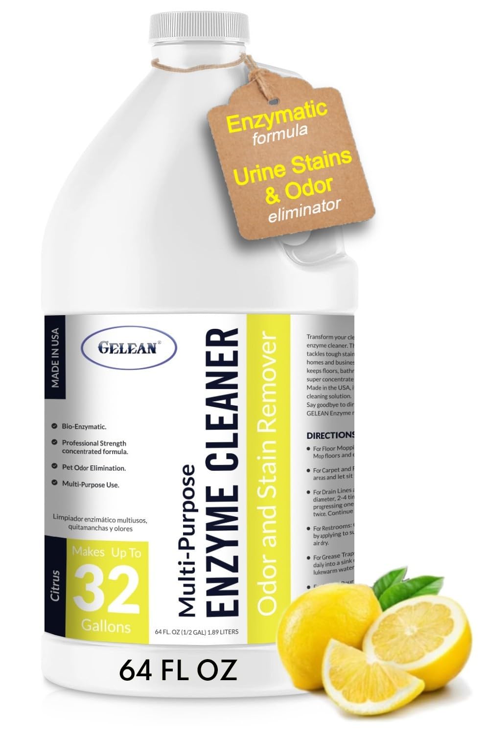 Multi-Purpose Probiotic Enzyme Citrus Cleaner, 1/2 Gallon (64 oz.) - Pet Stain and Odor Remover - Concentrated - Professional & Home Strength Drains