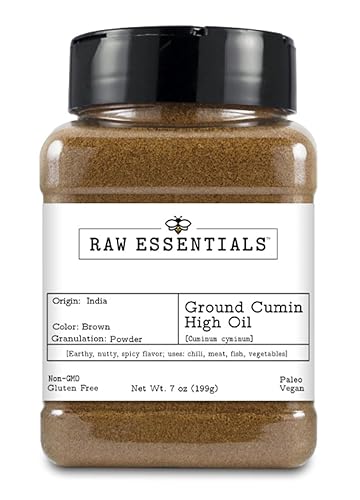 Raw Essentials Ground Cumin - High Oil 4% for Bold Aroma & Flavor - Ground Spice for Chilis, Stews, Marinades & Veggie Dishes - 7 oz Bottle