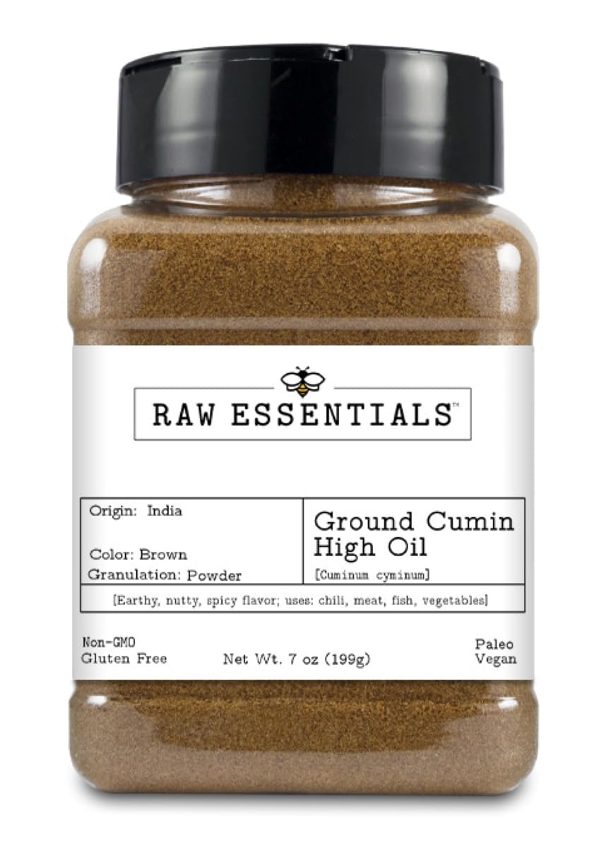Raw Essentials Ground Cumin - High Oil 4% for Bold Aroma & Flavor - Ground Spice for Chilis, Stews, Marinades & Veggie Dishes - 7 oz Bottle