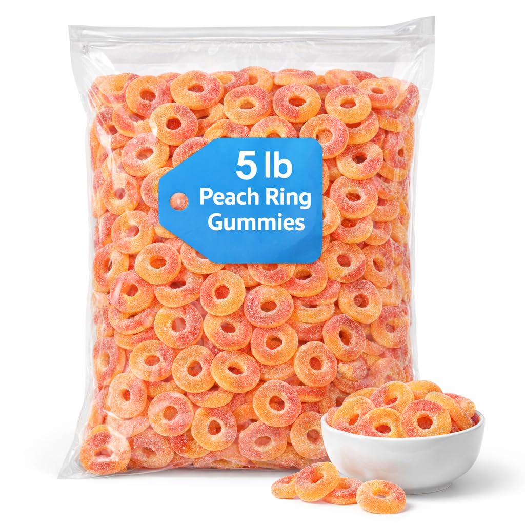 Peach Ring Gummies - 5 lb Bulk Bag - Sweet & Sour Peach Flavored Gummy Candy - Soft Chewy Candy for Parties, Candy Bowls, and Snacking
