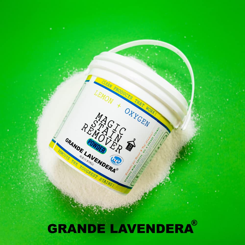 Grande Lavendera® Lemon Scented Oxygen Laundry Booster, Chlorine-Free Stain Remover Powder, Sanitizer for Bright Whites and Fresh Clothes - 4 lb