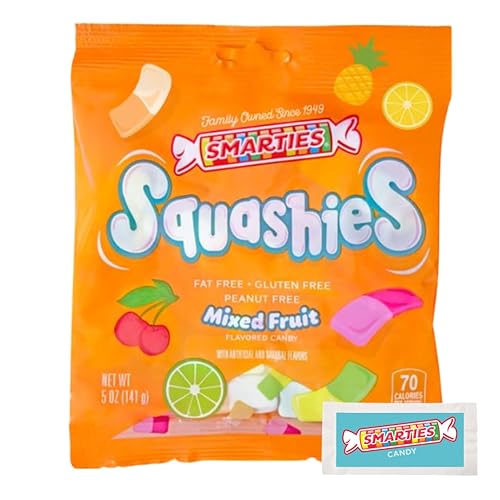 Smarties Squashies Mixed Fruit Flavor & Smarties Sampler Variety Pack- Peanut Free, Gluten Free & Fat Free Gummy Candy - Perfect for Birthday