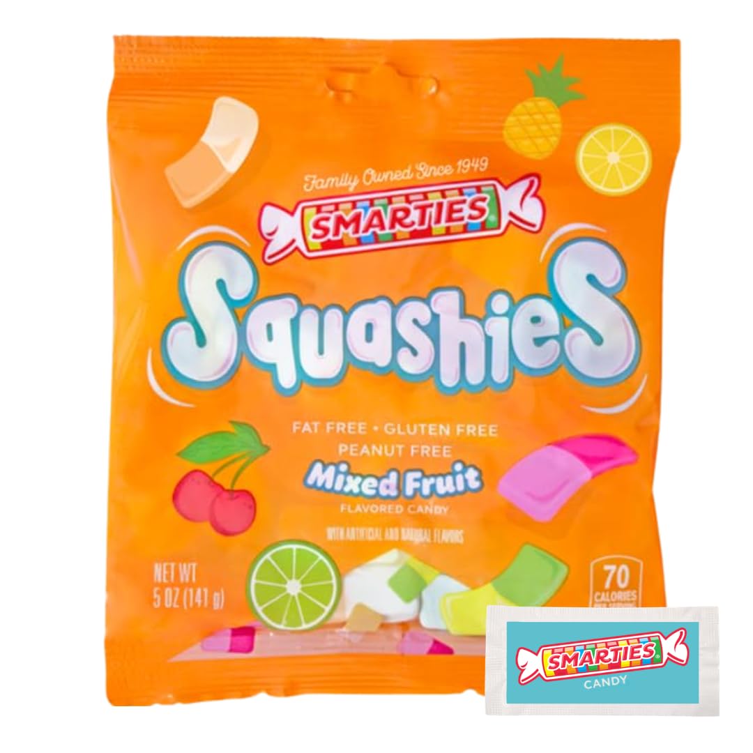 Smarties Squashies Mixed Fruit Flavor & Smarties Sampler Variety Pack- Peanut Free, Gluten Free & Fat Free Gummy Candy - Perfect for Birthday