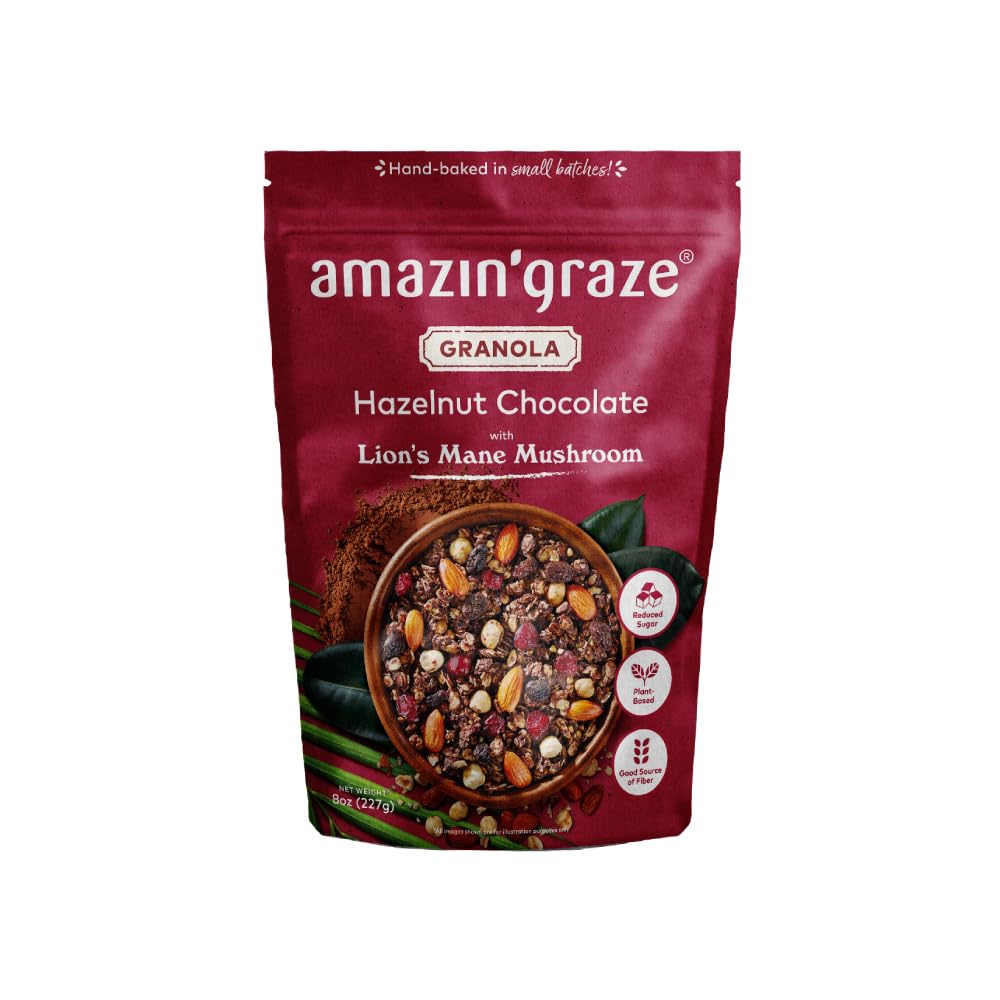 Dark Chocolate Hazelnut Granola with Lion's Mane Mushroom | Natural, Hand-Baked, Reduced Sugar, Rich in Iron | for Breakfast Cereal, Trailmix, Yogurt