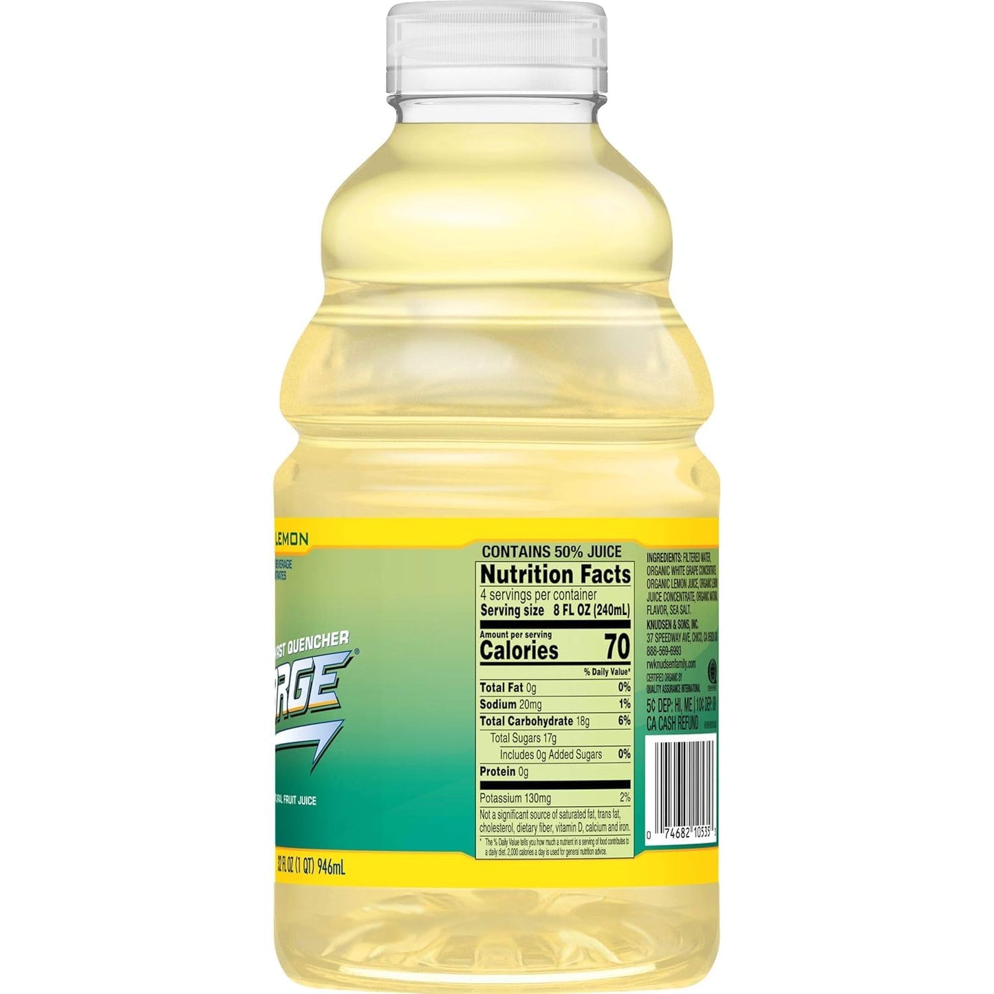 R.W. Knudsen Organic Recharge Lemon, 32-Ounce Packages (Pack of 12)