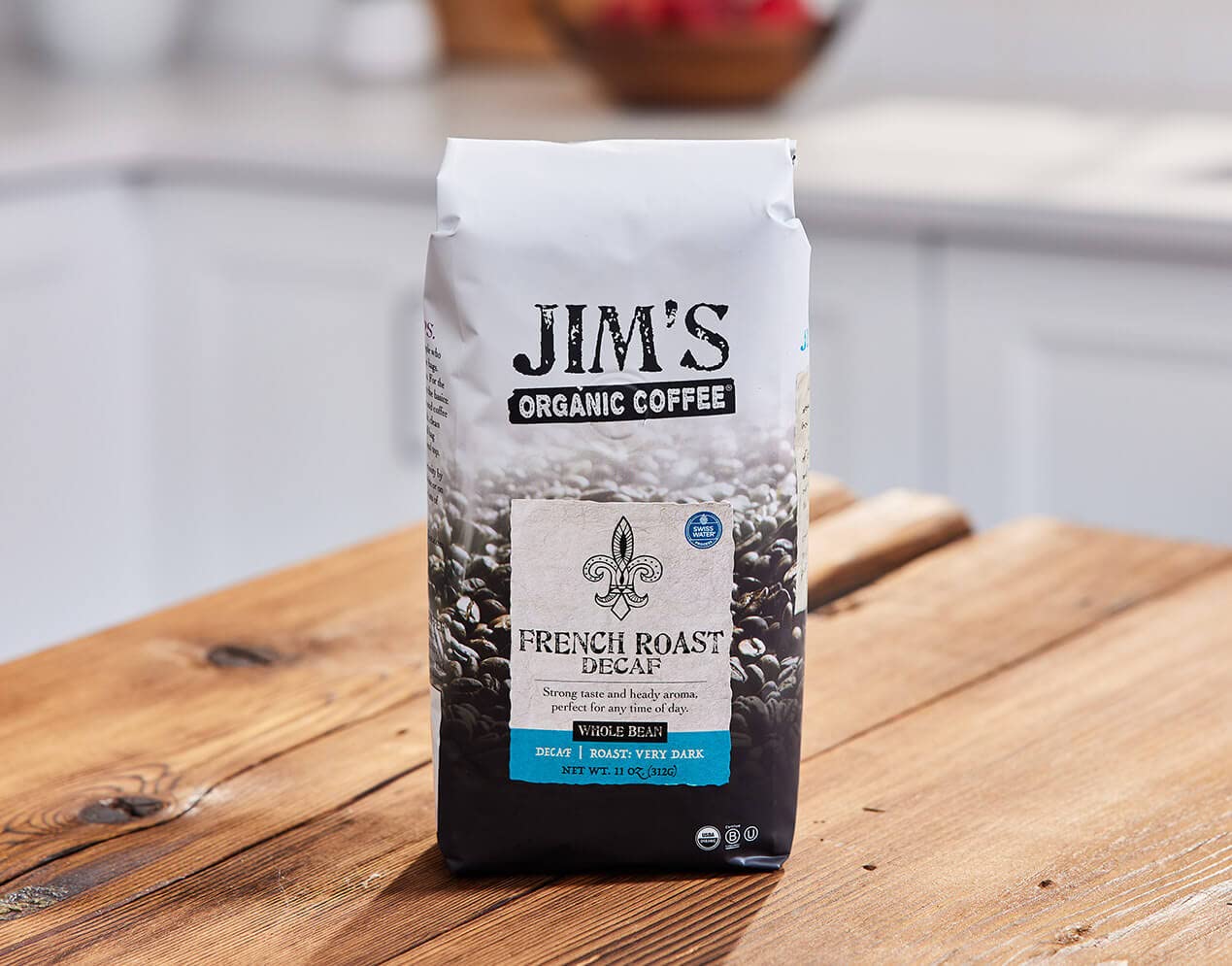 Jim’s Organic Coffee - French Roast Decaf: Whole Bean Dark Roast (11oz) -100% Arabica Coffee Beans - USDA Organic - Kosher - Swiss Water Process