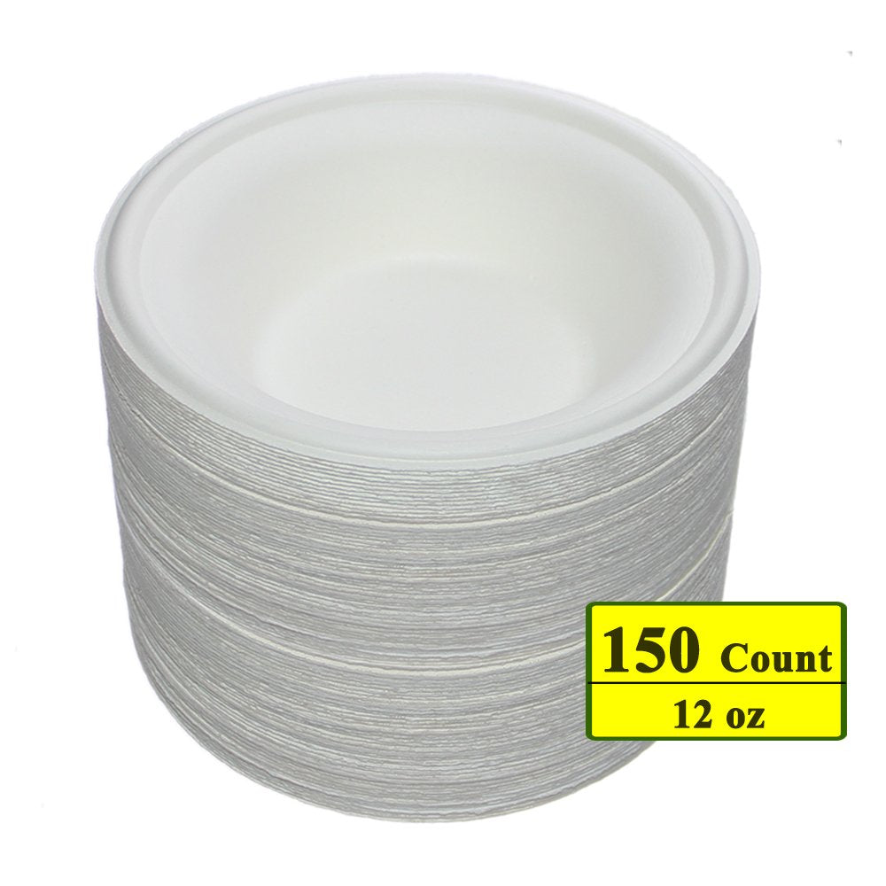 Belinlen 150 Pack 12 oz Round Disposable Bowls Eco-friendly 100% Natural Sugarcane Biodegradable Compostable Bagasse Tree Free and Plastic Free (150)