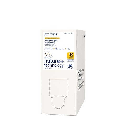 ATTITUDE Liquid Laundry Detergent Refill, EWG Verified, HE Compatible, Plant-Based & Vegan, Natural Laundry Soap, Citrus Zest Scent, 80 Loads, 67.6 Fl