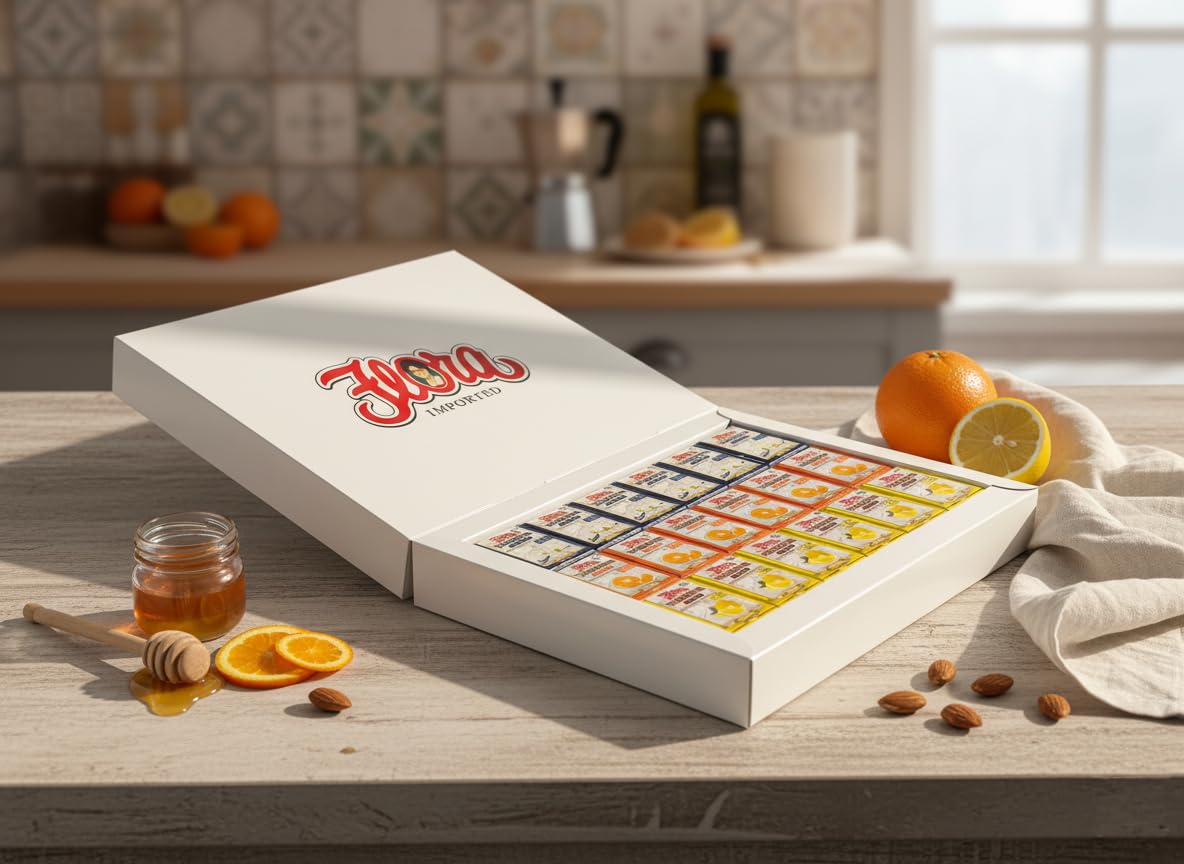 Flora Foods Assorted Italian Torrone - 18 Almond Honey Nougat Pieces - Vanilla, Lemon & Orange Flavors - Less Than 60 Calories Each - Made in Italy