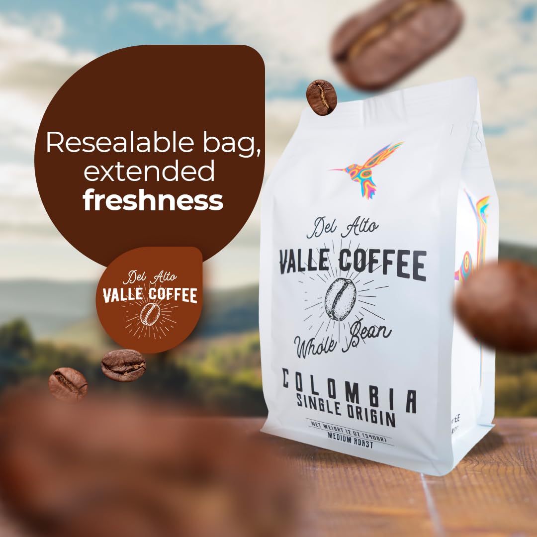 Del Alto Valle Coffee, Colombia Single Origin, Whole Bean, Medium Roast, 12 oz, Honey Processed
