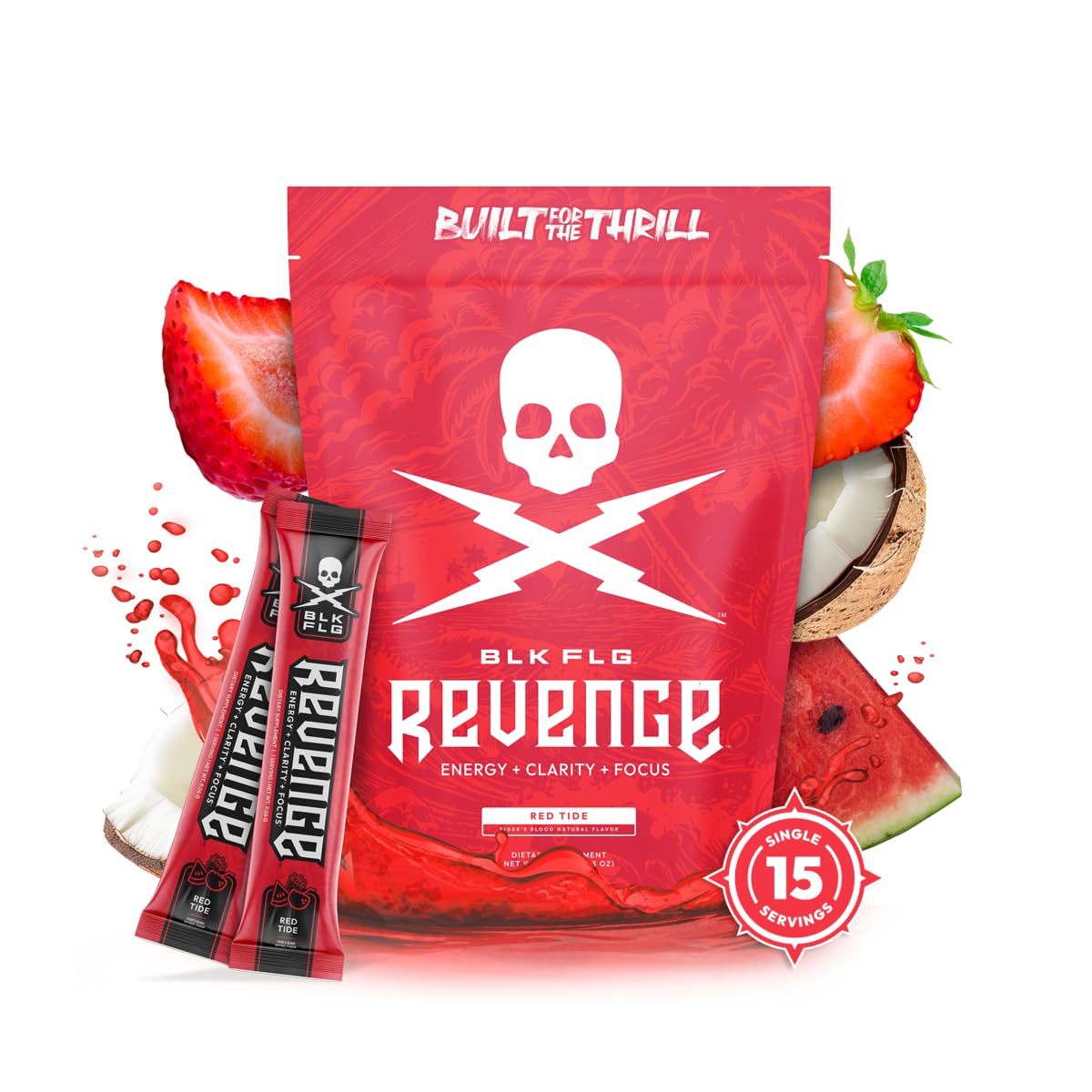 BLK FLG REVENGE Energy Powder Stick Packs - Red Tide (Tiger's Blood) | Sugar Free Focus Supplement with Caffeine & Nootropics | Clean Energy Drink