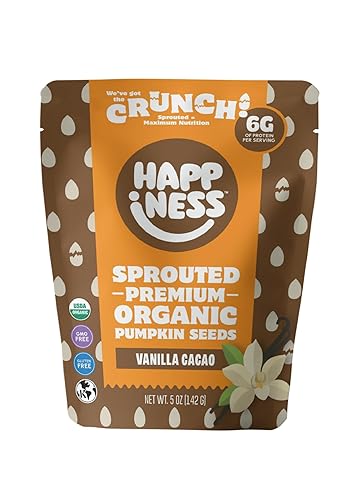 Happiness Foods™ Vanilla Cacao - Sprouted Organic Raw Pumpkin Seeds - High Protein, Certified USDA Organic, Non-GMO, Low Carb, Vegan, Gluten-Free