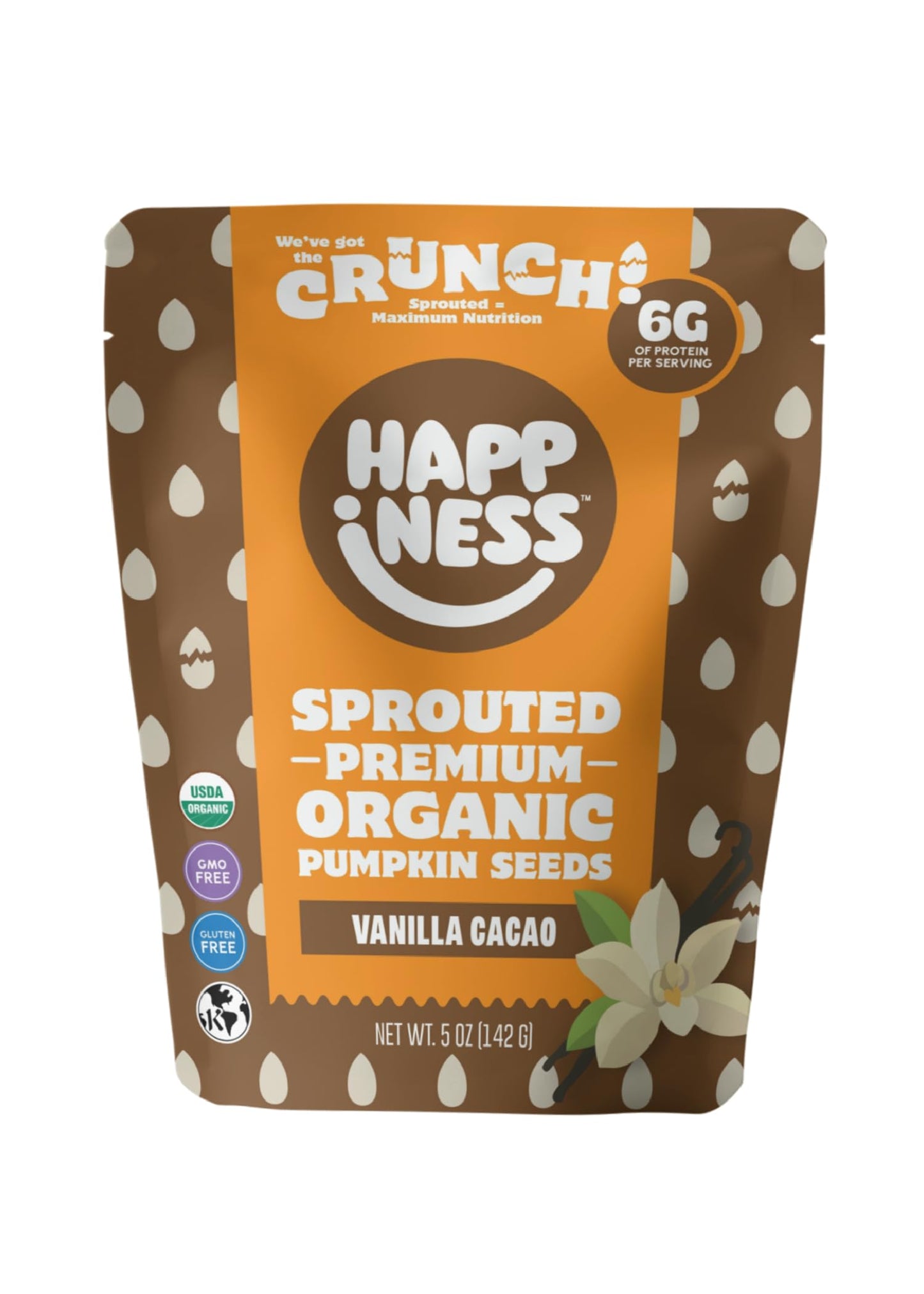 Happiness Foods™ Vanilla Cacao - Sprouted Organic Raw Pumpkin Seeds - High Protein, Certified USDA Organic, Non-GMO, Low Carb, Vegan, Gluten-Free