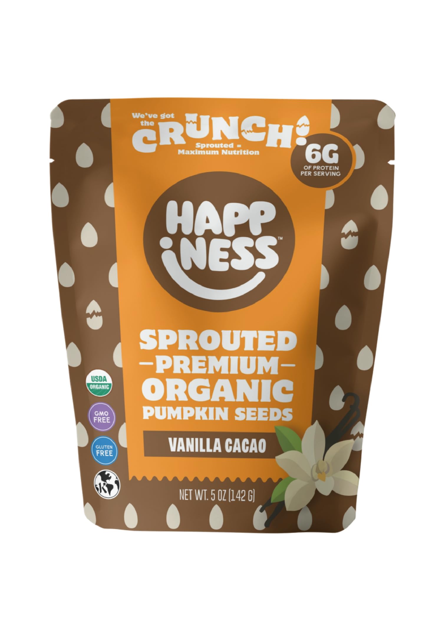 Happiness Foods™ Vanilla Cacao - Sprouted Organic Raw Pumpkin Seeds - High Protein, Certified USDA Organic, Non-GMO, Low Carb, Vegan, Gluten-Free