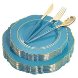 Nervure 100PCS Teal Plastic Plates With Gold Rim & Gold Disposable Silverware with Teal Handle Include 40 Plates, 60 Plastic Sivlerware for Party