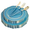 Nervure 100PCS Teal Plastic Plates With Gold Rim & Gold Disposable Silverware with Teal Handle Include 40 Plates, 60 Plastic Sivlerware for Party