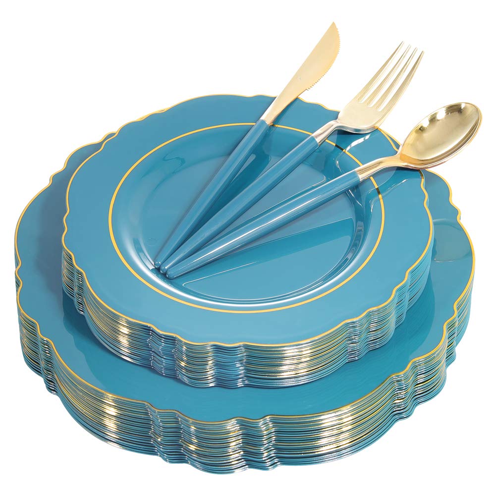 Nervure 100PCS Teal Plastic Plates With Gold Rim & Gold Disposable Silverware with Teal Handle Include 40 Plates, 60 Plastic Sivlerware for Party