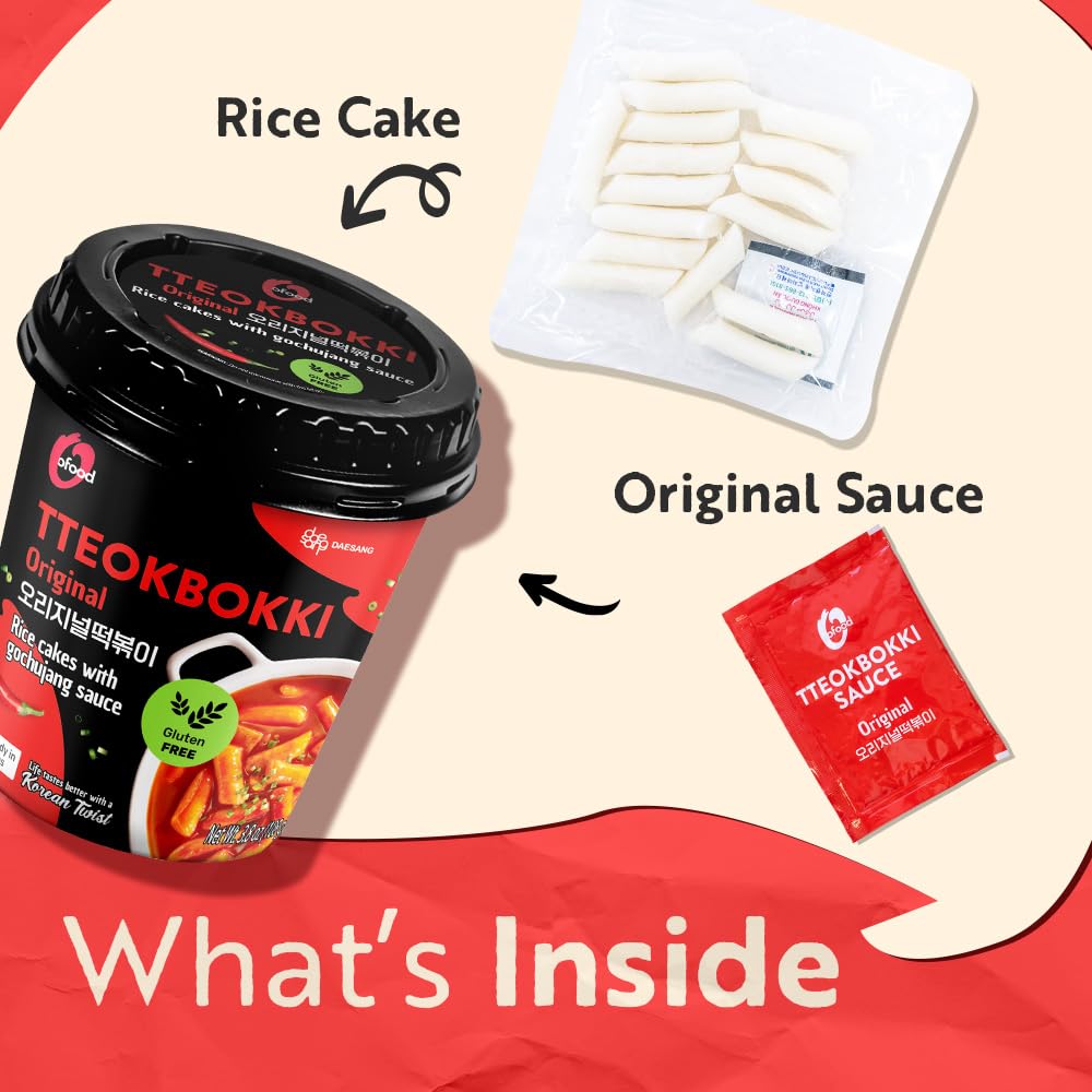 Spicy Cup Tteokbokki Instant Rice Cakes Korean - [Original (Gochujang) | Pack of 6] - Ready in 3 Minutes | Gluten-Free, Chewy, Quick & Easy Meal |