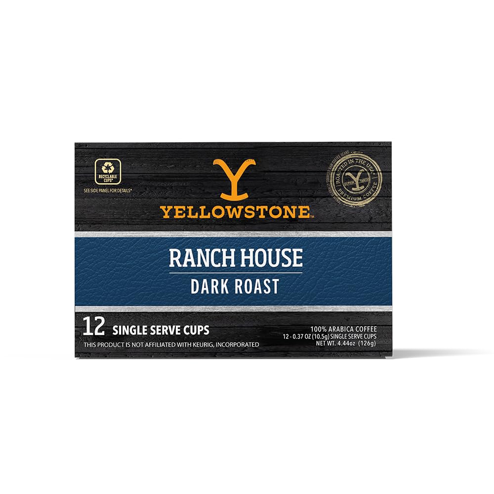 Yellowstone Ranch House Dark Roast Coffee, Single Serve Recyclable Pods/Cups, 100% Arabica Beans, 12 Count