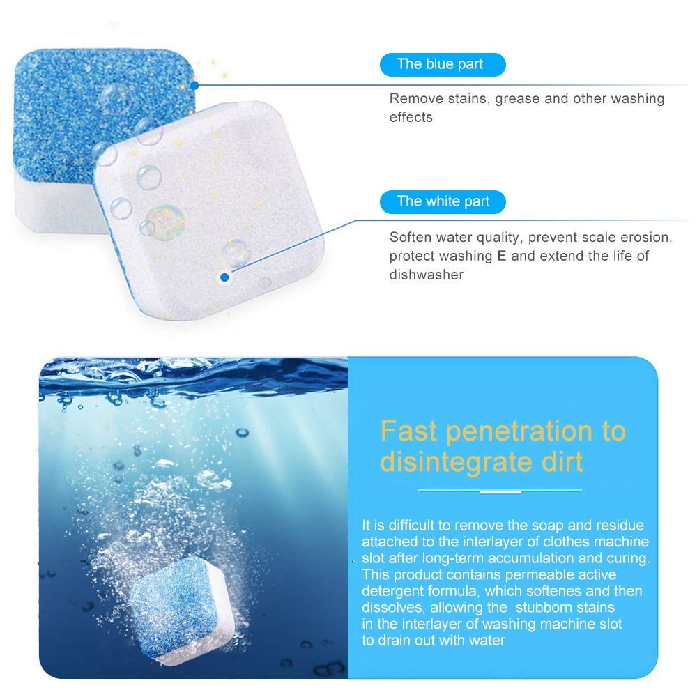 Washing Machine Cleaner Effervescent Tablets, Solid Washer Cleaning Tablet, Deep Cleaning Remover with Triple Decontamination for Front Load and Top