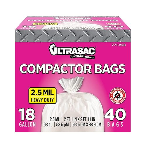 Ultrasac Trash Compactor Bags - (40 Pack with Ties) 18 Gallon for 15 inch Compactors - 25" x 35" Heavy Duty 2.5 MIL Garbage Disposal Bags Compatible