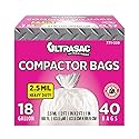 Ultrasac Trash Compactor Bags - (40 Pack with Ties) 18 Gallon for 15 inch Compactors - 25" x 35" Heavy Duty 2.5 MIL Garbage Disposal Bags Compatible