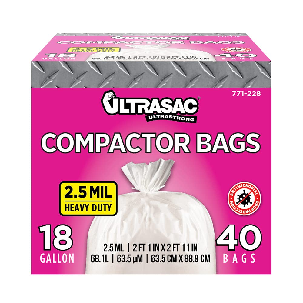 Ultrasac Trash Compactor Bags - (40 Pack with Ties) 18 Gallon for 15 inch Compactors - 25" x 35" Heavy Duty 2.5 MIL Garbage Disposal Bags Compatible
