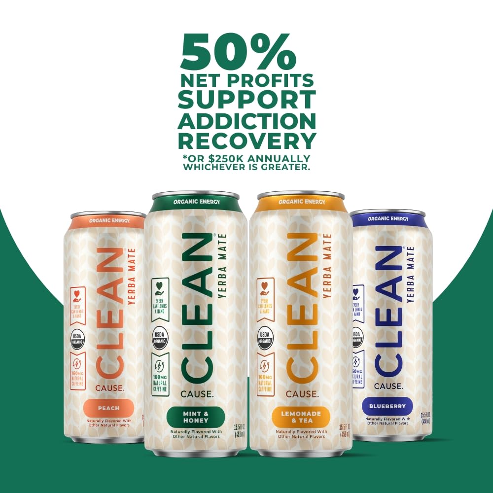 NEW! CLEAN Cause Variety Pack Organic Yerba Mate Tea (15.5oz cans, 12-Pack Case, 4 flavors) Non-Carbonated, 160mg Caffeine