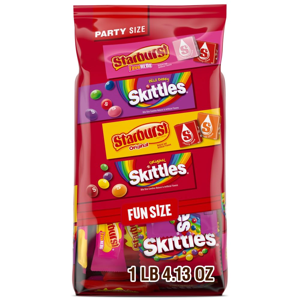 SKITTLES Original, Wild Berry & STARBURST Original and FaveReds Fun Size Chewy Candy Variety Pack, Party Size, 20.13 Oz Bulk Candy