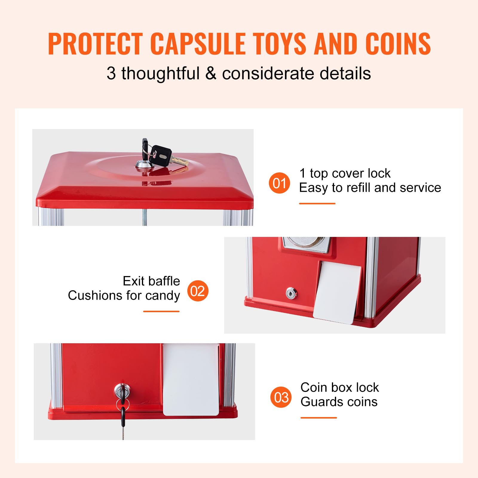 VEVOR Gumball Machine for Kids, 25" Height Home Vending Machine, PS Bouncy Balls Dispenser, Hold 230 Capsule Toys, Rectangle Bubble Gum Machine