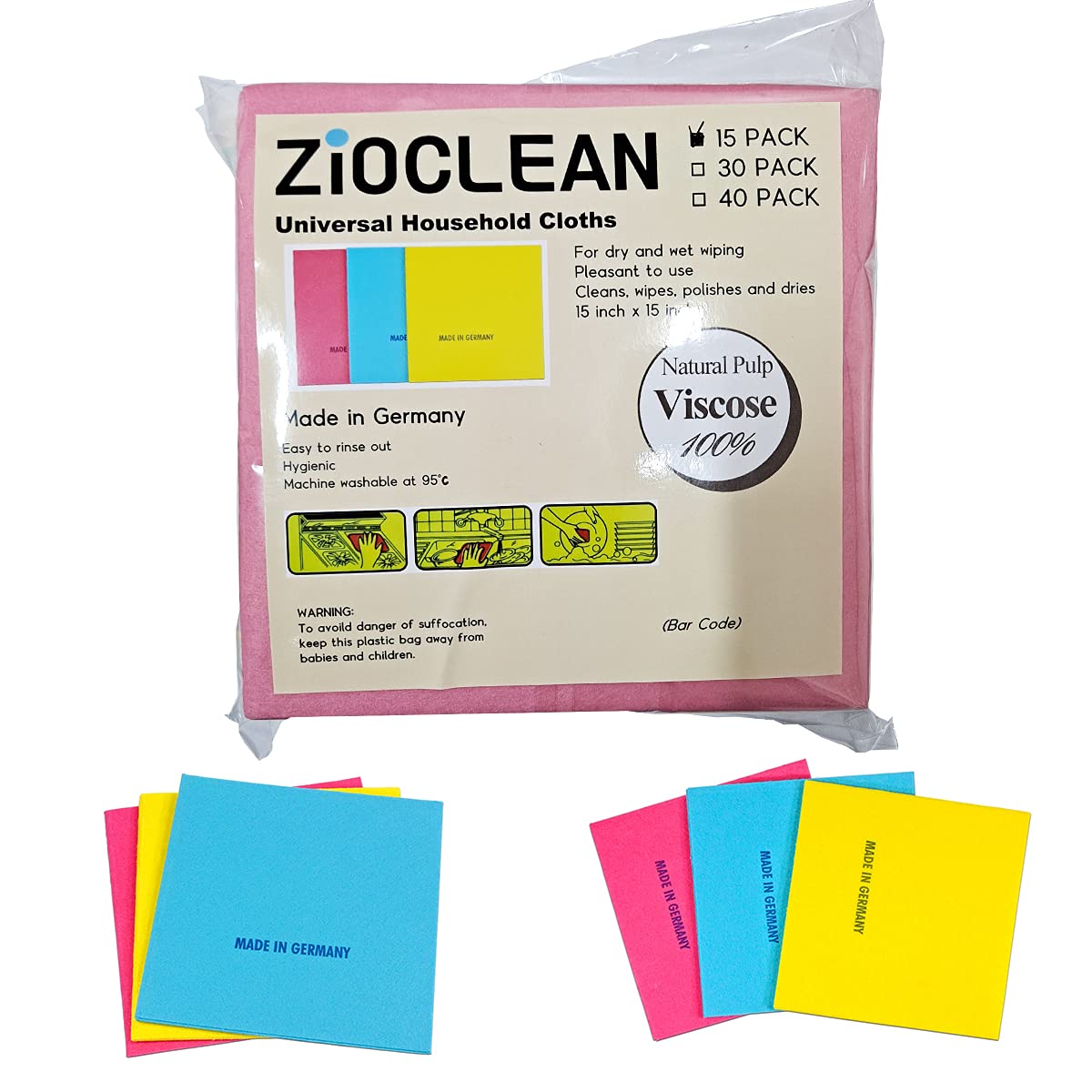 ZIOCLEAN 15 Pack German Universal Household Color Dish Cloths inch,Wide Size Machine Washable Super Absorbent, Drying Non-Woven Fabric Viscose Kitchen