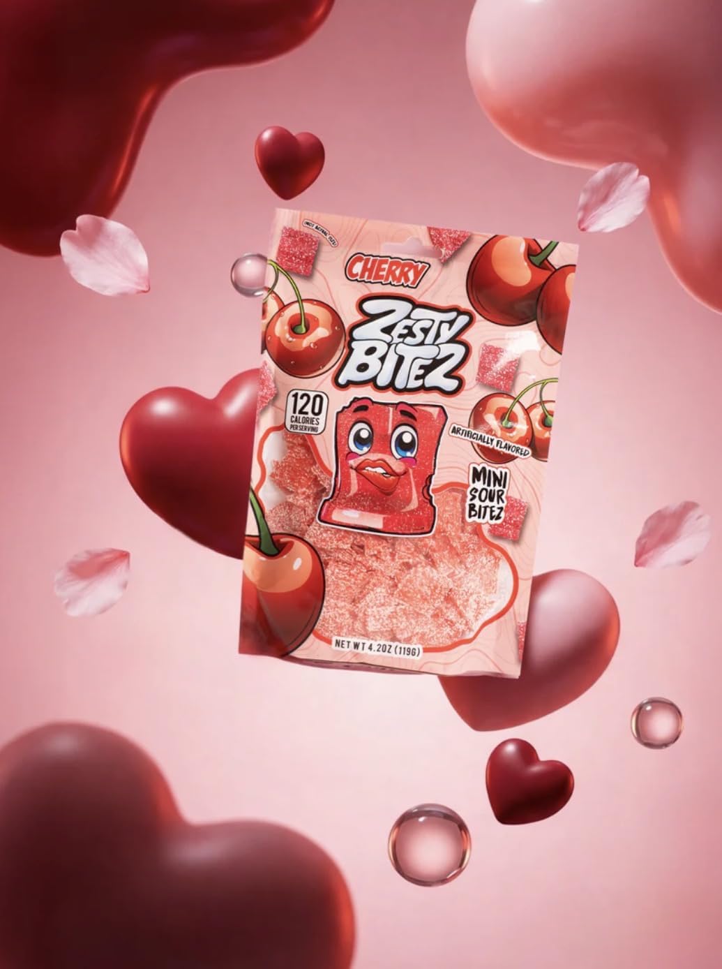 Cherry Zesty Bitez - Sour Candy Belts - Vegan Candy Strips, Super Sour Gummies - Mouth Puckering Sweet Candies for Adults & Kids - Resealable Pouch