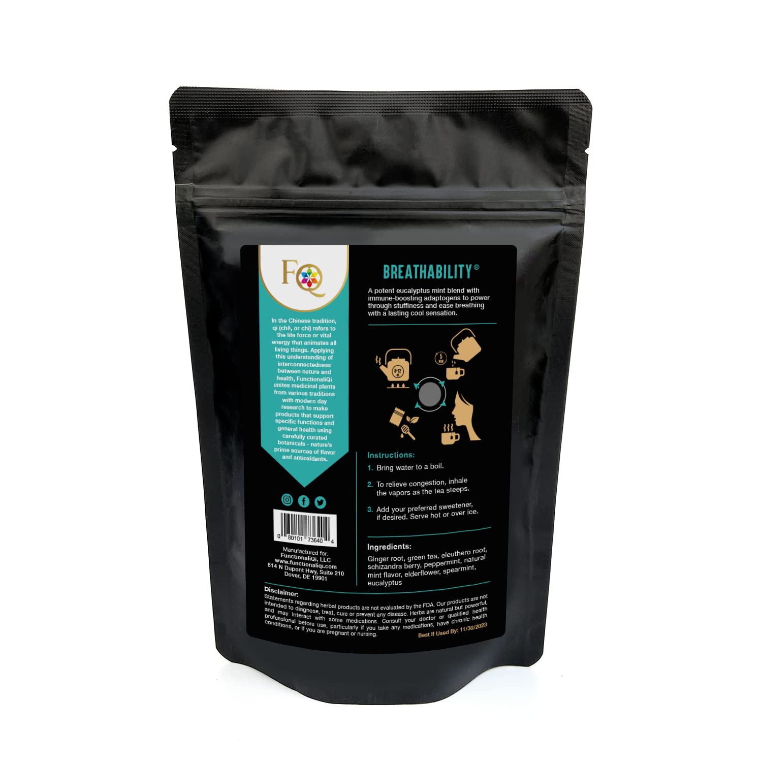 FunctionaliQi Breathability Green Tea Blend with Peppermint for Health Immunity - Eucalyptus Health Congestion and Immunity Ginger Elderflower