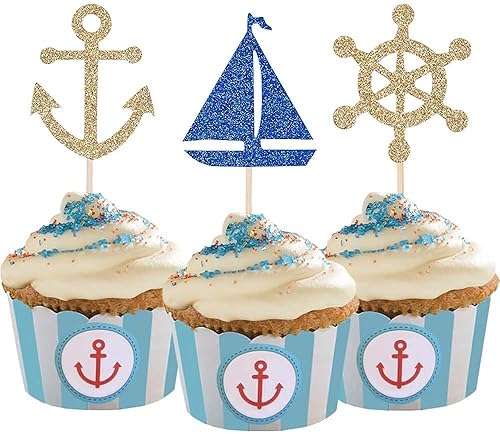 24 Pcs Nautical Theme Glitter Cupcake Picks Cupcake Toppers Food Fruit Picks for Decoration Party Favors