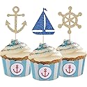 24 Pcs Nautical Theme Glitter Cupcake Picks Cupcake Toppers Food Fruit Picks for Decoration Party Favors