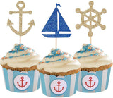 24 Pcs Nautical Theme Glitter Cupcake Picks Cupcake Toppers Food Fruit Picks for Decoration Party Favors