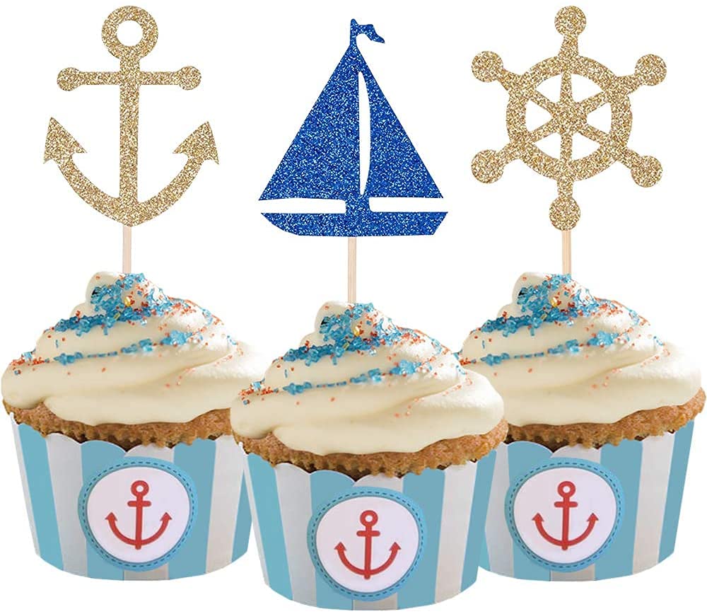 24 Pcs Nautical Theme Glitter Cupcake Picks Cupcake Toppers Food Fruit Picks for Decoration Party Favors