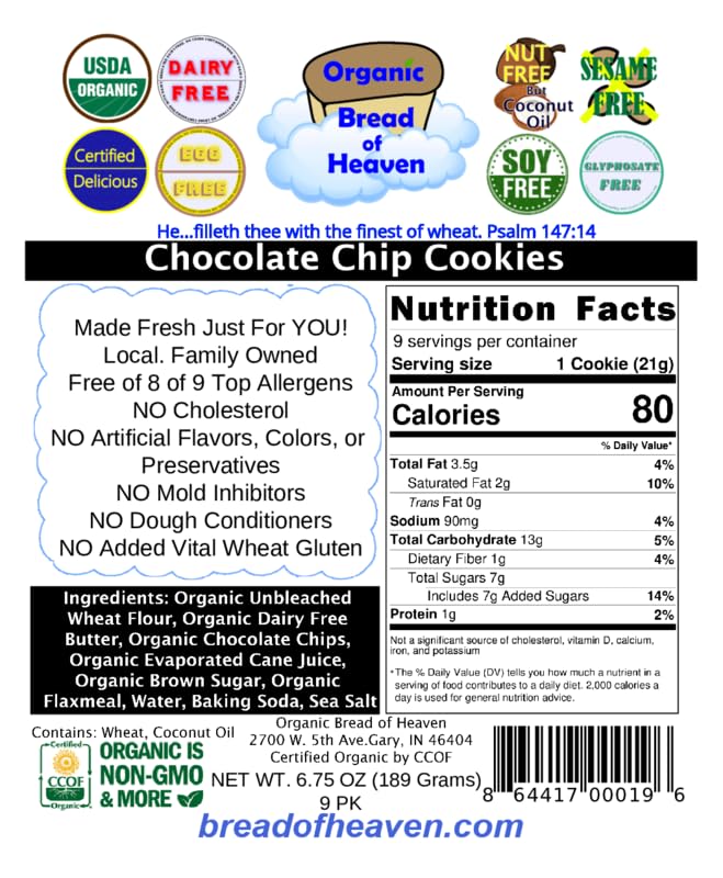 Organic Bread of Heaven ~ Chocolate Chip Cookies 2 pkgs of 9 ~ USDA Organic