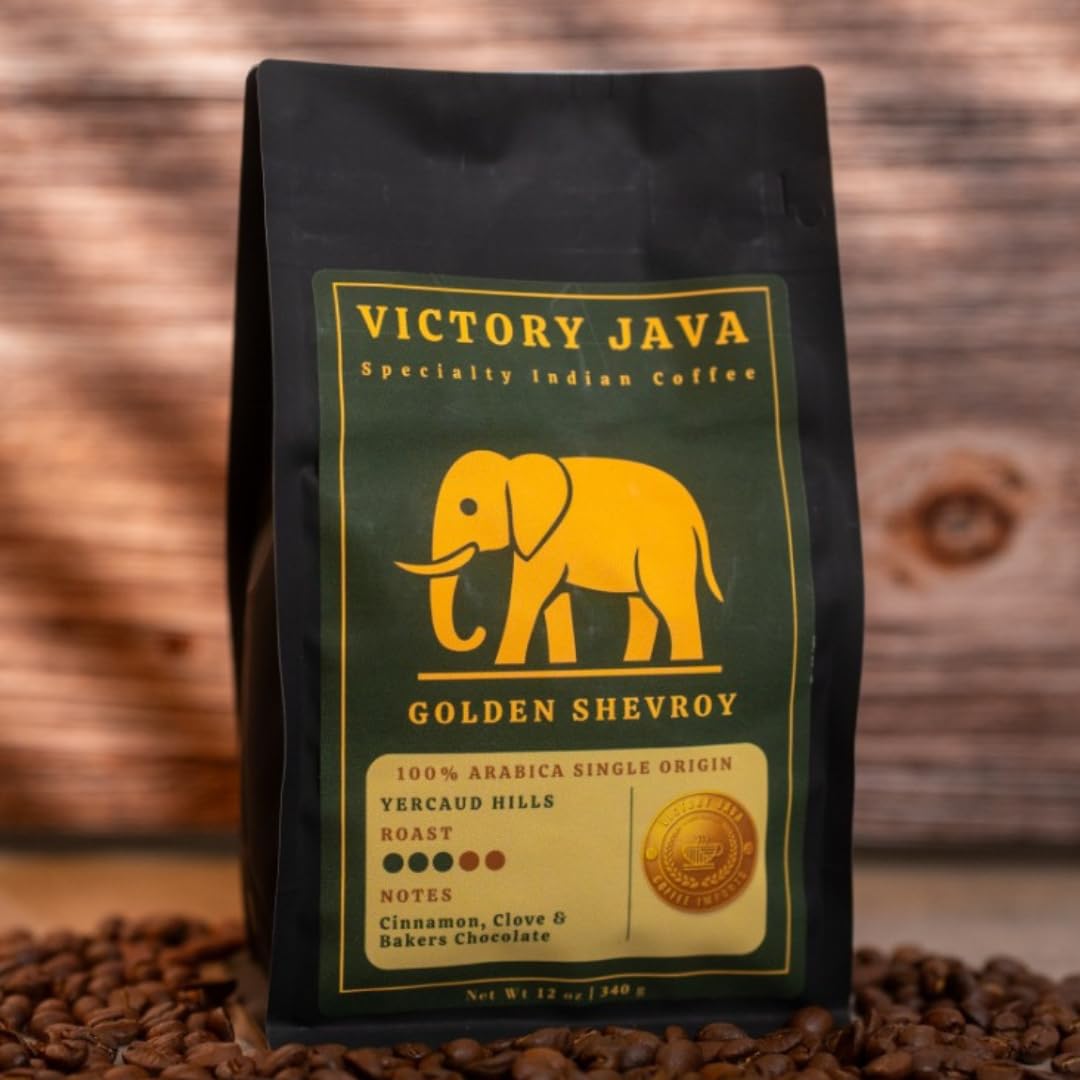 Golden Shevroy Single-Origin Whole Bean Coffee, Indian, Medium-Dark Roast, 12 oz Bag, 100% Arabica, Specialty-Grade