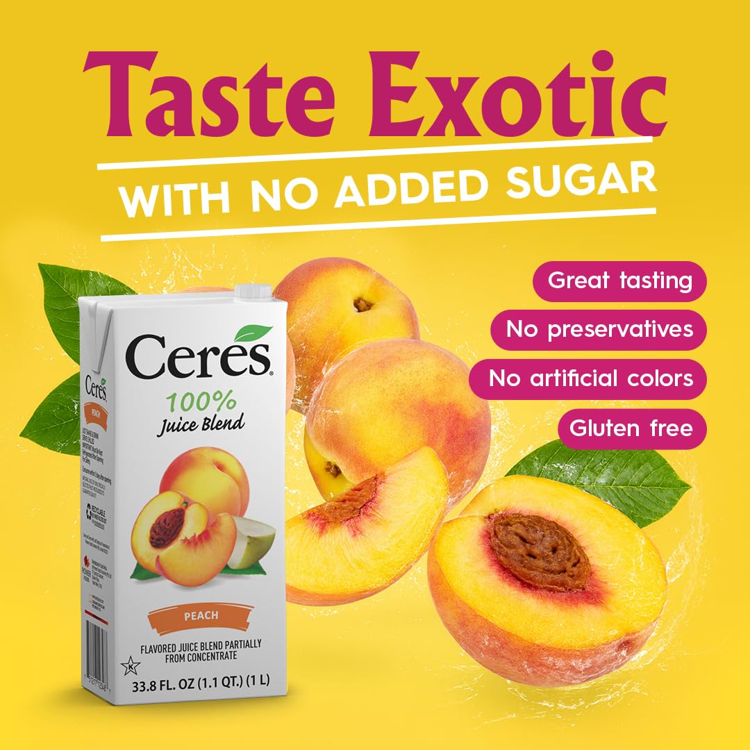 Ceres Peach Juice Blend, 3-Pack - 100% Natural, Rich in Vitamin C, No Added Sugar, Artificial Colors, or Flavors, Kosher Certified, 33.8 Oz Ea (1