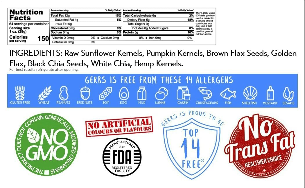 Gerbs Super 7 Seed Snack Mix 4 lbs. | Raw, No Artificial Additives, Resealable Bag | Crunchy Pumpkin, Sunflower, Brown & Golden Flax, Black & White