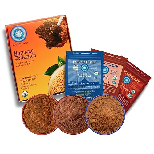Blue Lotus Chai Tea - Harmony Collection Variety Box - Makes 50 Cups - Traditional, Rooibos & Golden Rooibos Masala Spiced Chai Powder - Instant