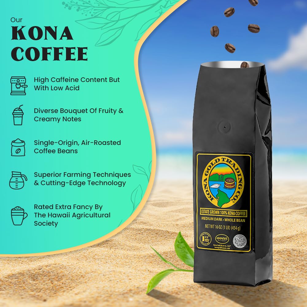 Hawaiian Kona Coffee Whole Bean - 16 oz, Kona Gold Coffee by Kona Gold Rum Co. - Freshly Roasted Medium/Dark Roast Extra Fancy - 100% Kona Coffee |