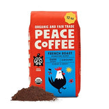Peace Coffee French Roast, Ground Dark Roast, 12 oz, Organic Fair Trade, Nutty, Bold Flavor, Shade Grown, Fresh Roasted
