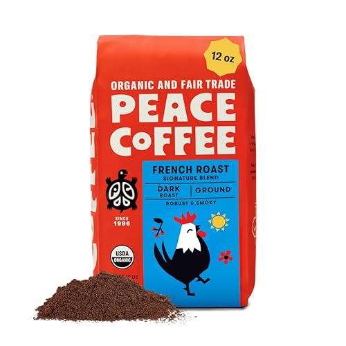 Peace Coffee French Roast, Ground Dark Roast, 12 oz, Organic Fair Trade, Nutty, Bold Flavor, Shade Grown, Fresh Roasted