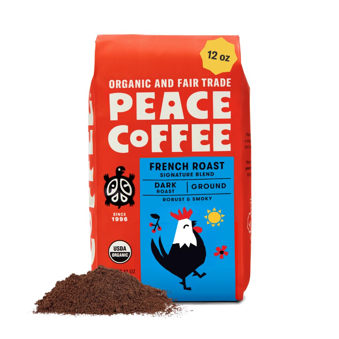 Peace Coffee French Roast, Ground Dark Roast, 12 oz, Organic Fair Trade, Nutty, Bold Flavor, Shade Grown, Fresh Roasted
