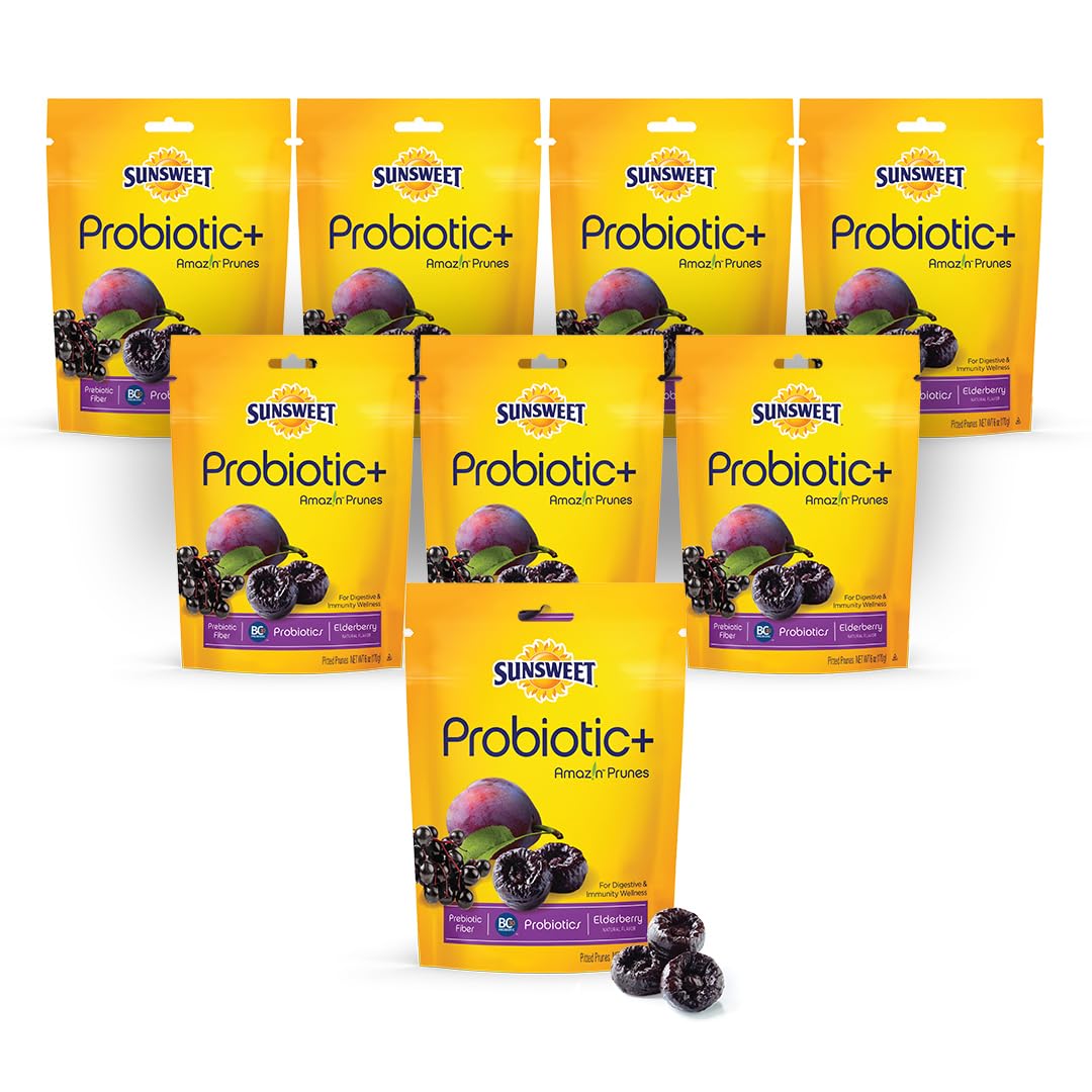 Sunsweet Pitted Prunes with Probiotics - Unsweetened, Dried, Gluten Free & Unsulphured - Natural Elderberry Flavor - Fiber & Minerals, 6oz - 8 Pack
