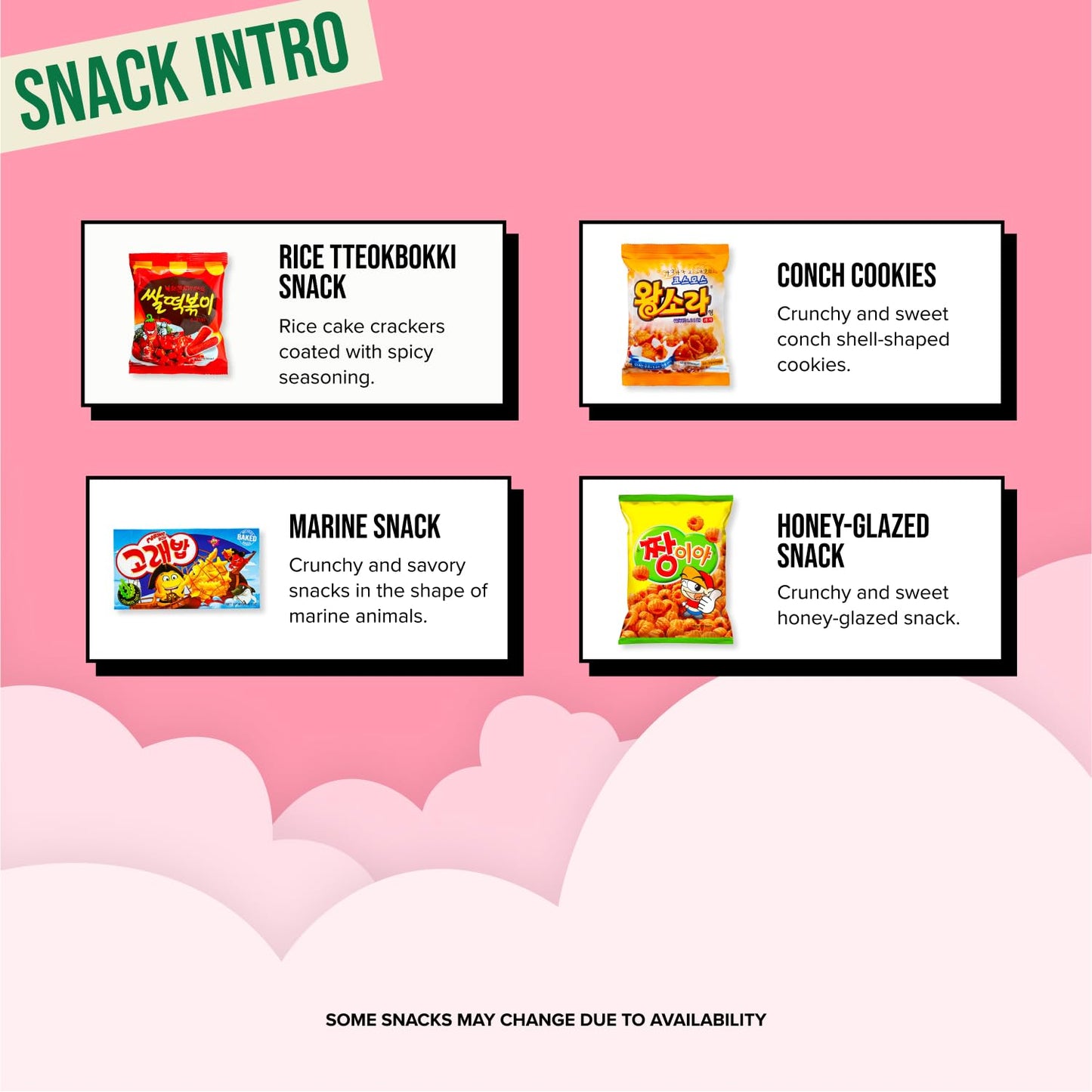 Korean 4 Snacks | Spicy Rice Tteokbokki, Jjangiya, Shell-shape Snack, Marine Boy Treats for Kids, College Students, Adults and Seniors - Journey