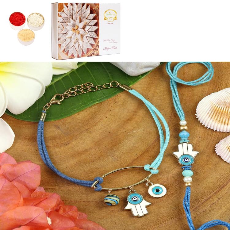 Ghasitaram Gifts Jaiccha Rakhi for Brother Rakhis Online - BRS25-029-Evil Eye Bracelet & Rakhi Set- Bhaiya Bhabhi Rakhis with 400 gms of Kaju katli