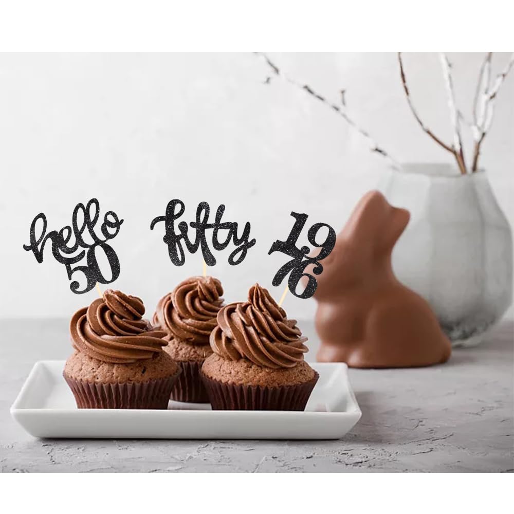 24 Pcs Black Glitter 50th Birthday Cupcake Toppers for 50th Birthday Celebrating Party Decorations